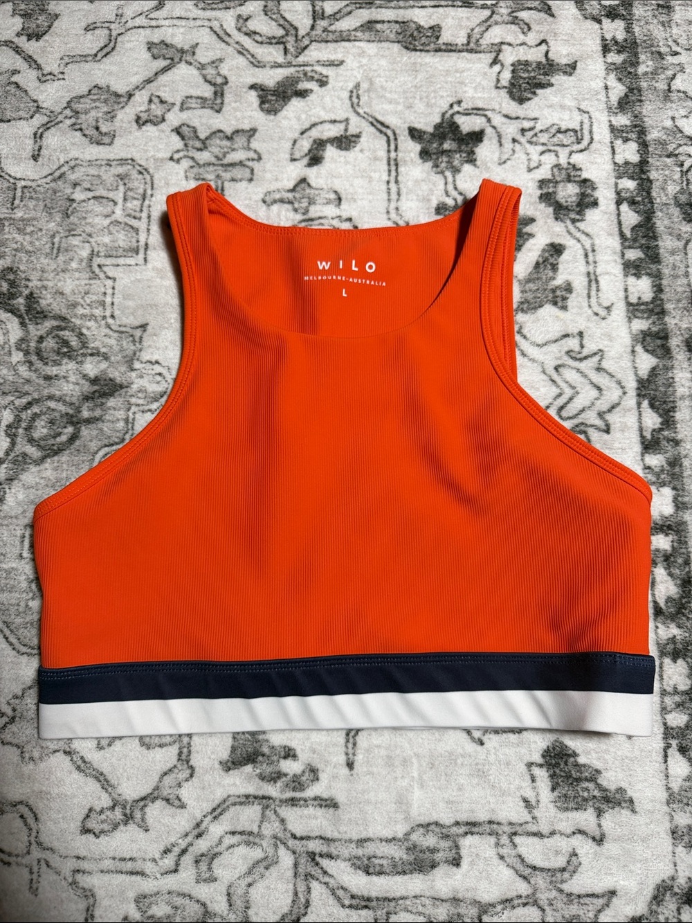 Wilo Women's Orange Racerback Crop Top with Navy & White Band